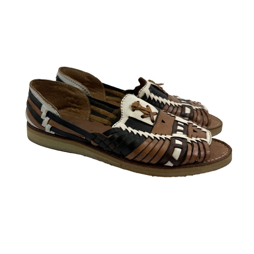 La Perla Huarache Sandal Flat Woven Leather Slip On Peep Toe Brown White Black 6